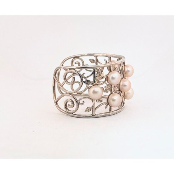 **Vintage 925 Sterling Silver Cuff Bracelet w/ Pearls & Leaf Filigree, Size 6” - Picture 2 of 9